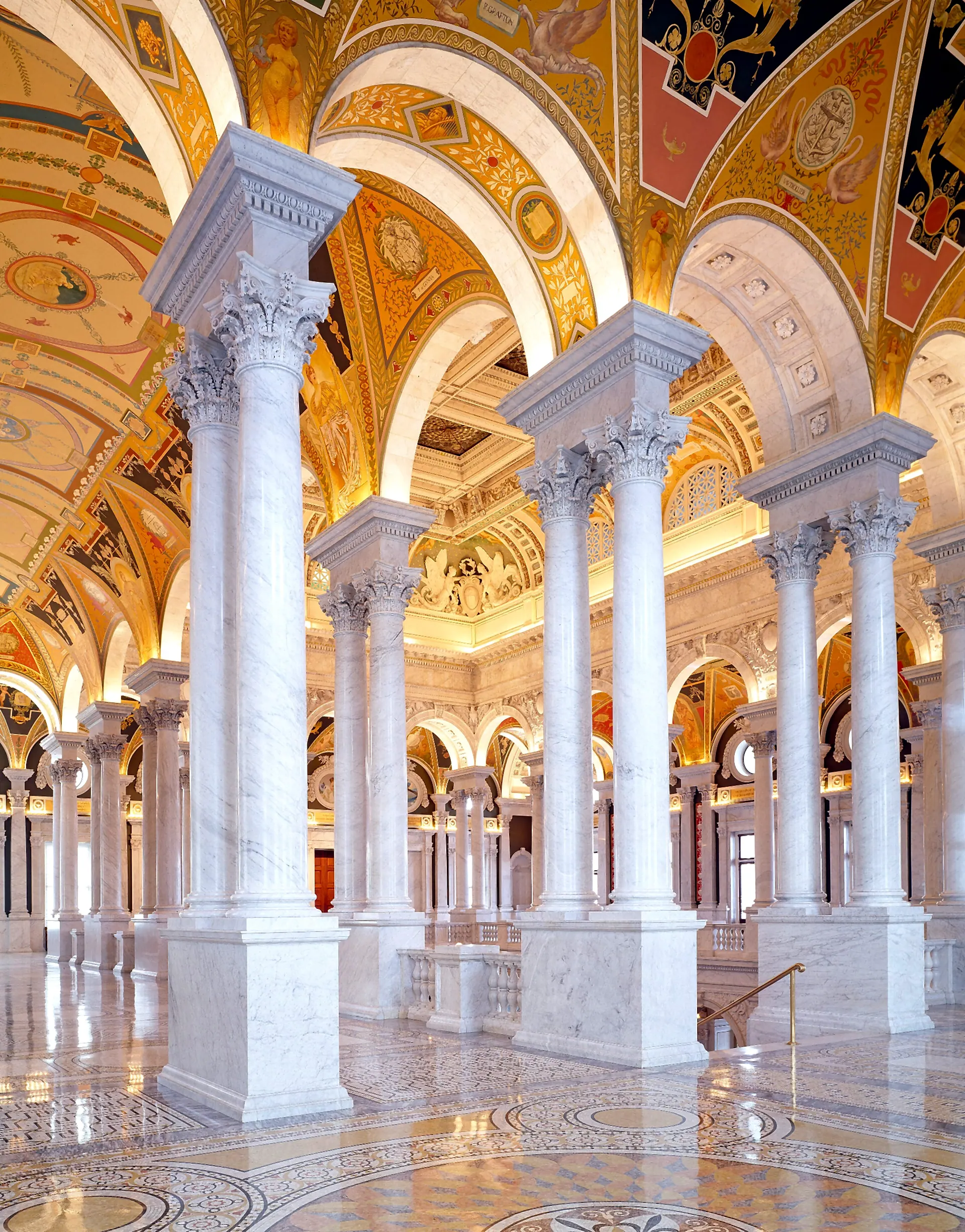 The second-floor colonnade of the Great Hall, looking along the marble arcade.