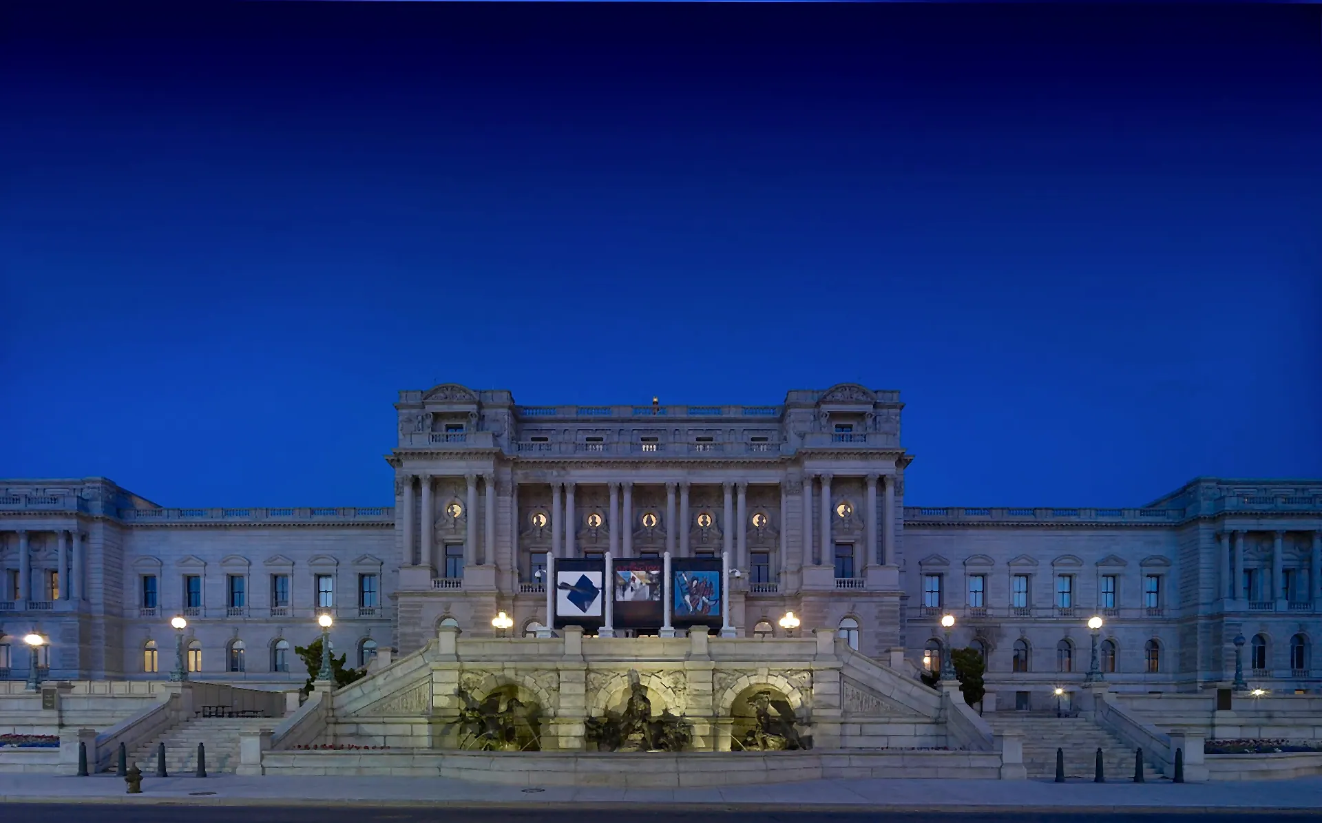 The Thomas Jefferson Building of the Library of Congress, illuminated at dusk, Washington, D.C.