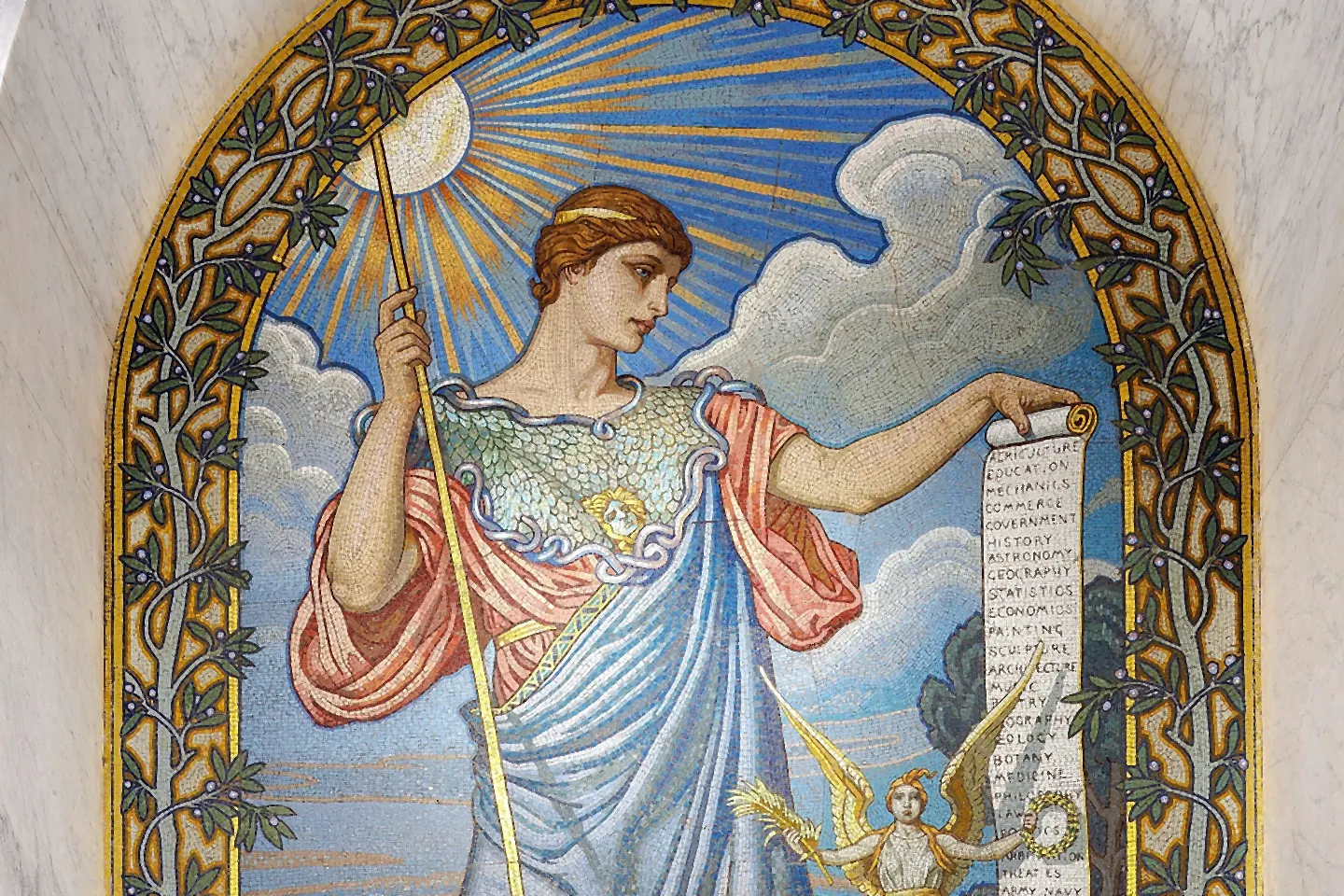 Elihu Vedder's mosaic Minerva of Peace, holding a scroll listing the fields of learning.