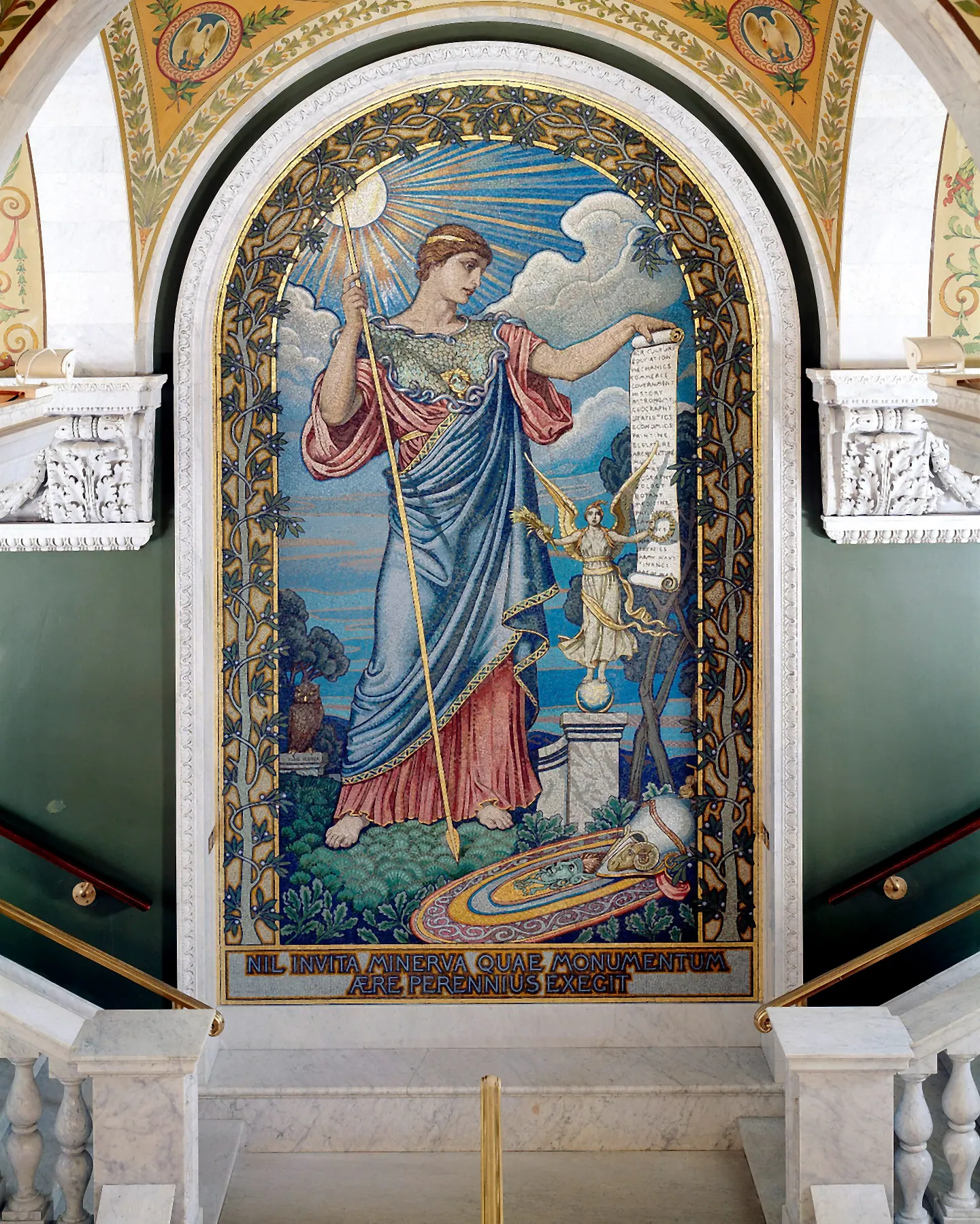 Elihu Vedder's Minerva mosaic on the stair landing of the Great Hall, Thomas Jefferson Building.
