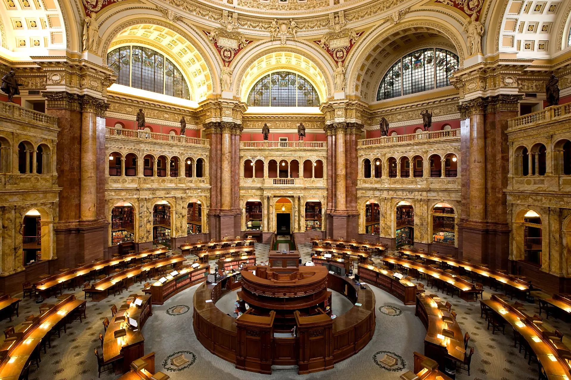 The Main Reading Room of the Library of Congress beneath its central dome.